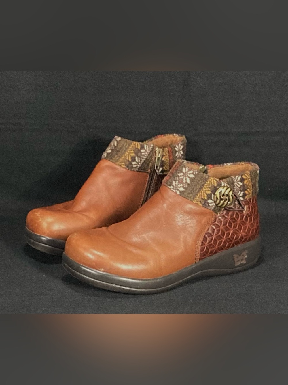 Alegria Tan Brown Leather Ankle Booties with Patterned Cuff